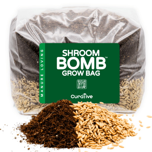 5 pound mushroom grow bag folded with substrate. Shroom Bomb.